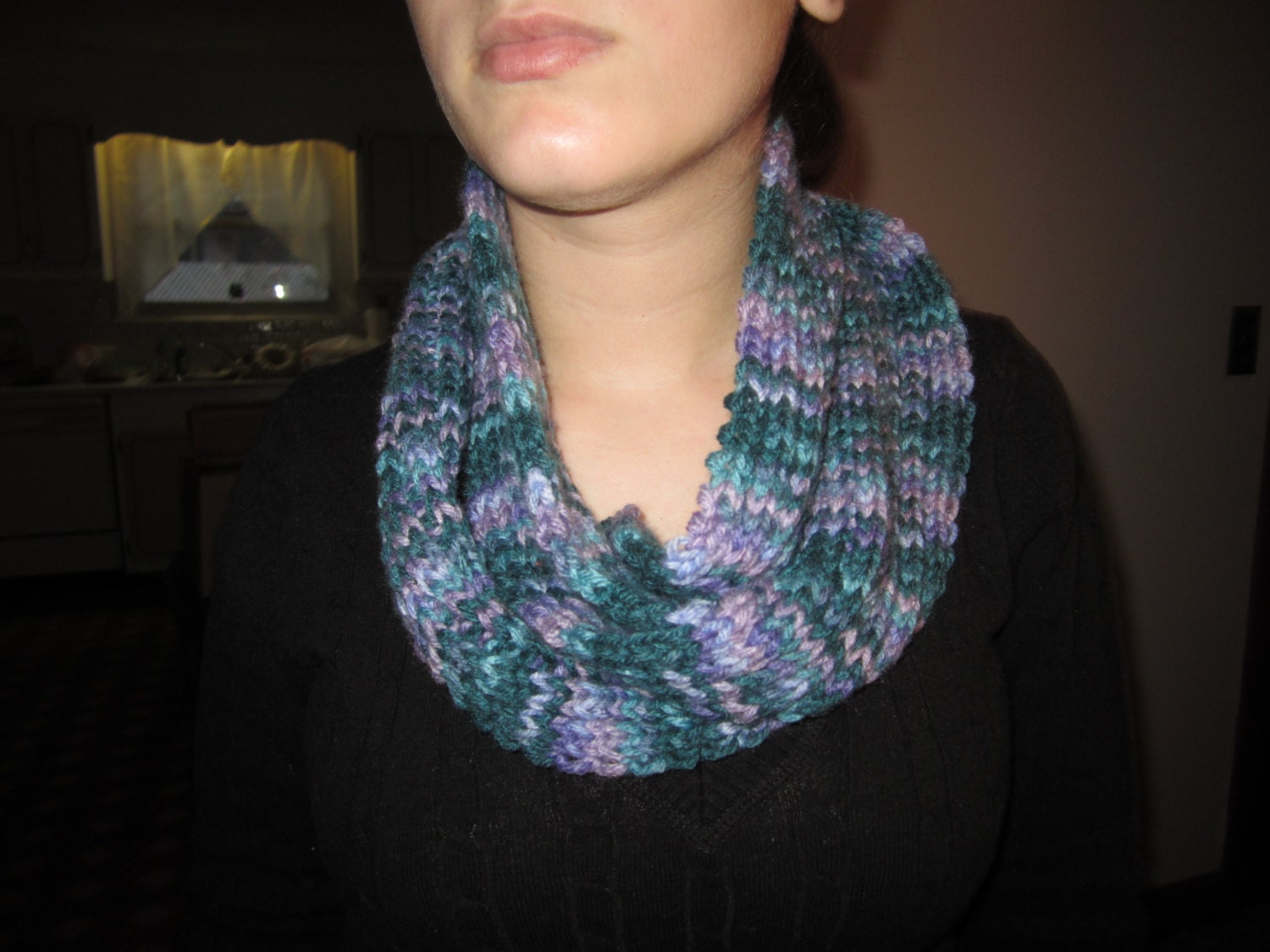 Purple and Green knit cowl