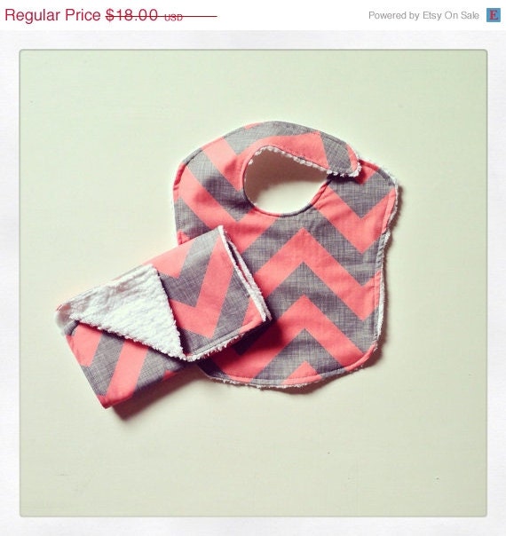 ON SALE Coral and Gray Chevron Baby Bib and Burp Set // Baby // Shower Gift Set