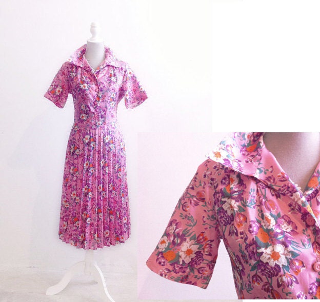 Pink floral dress with full pleated skirt 1960