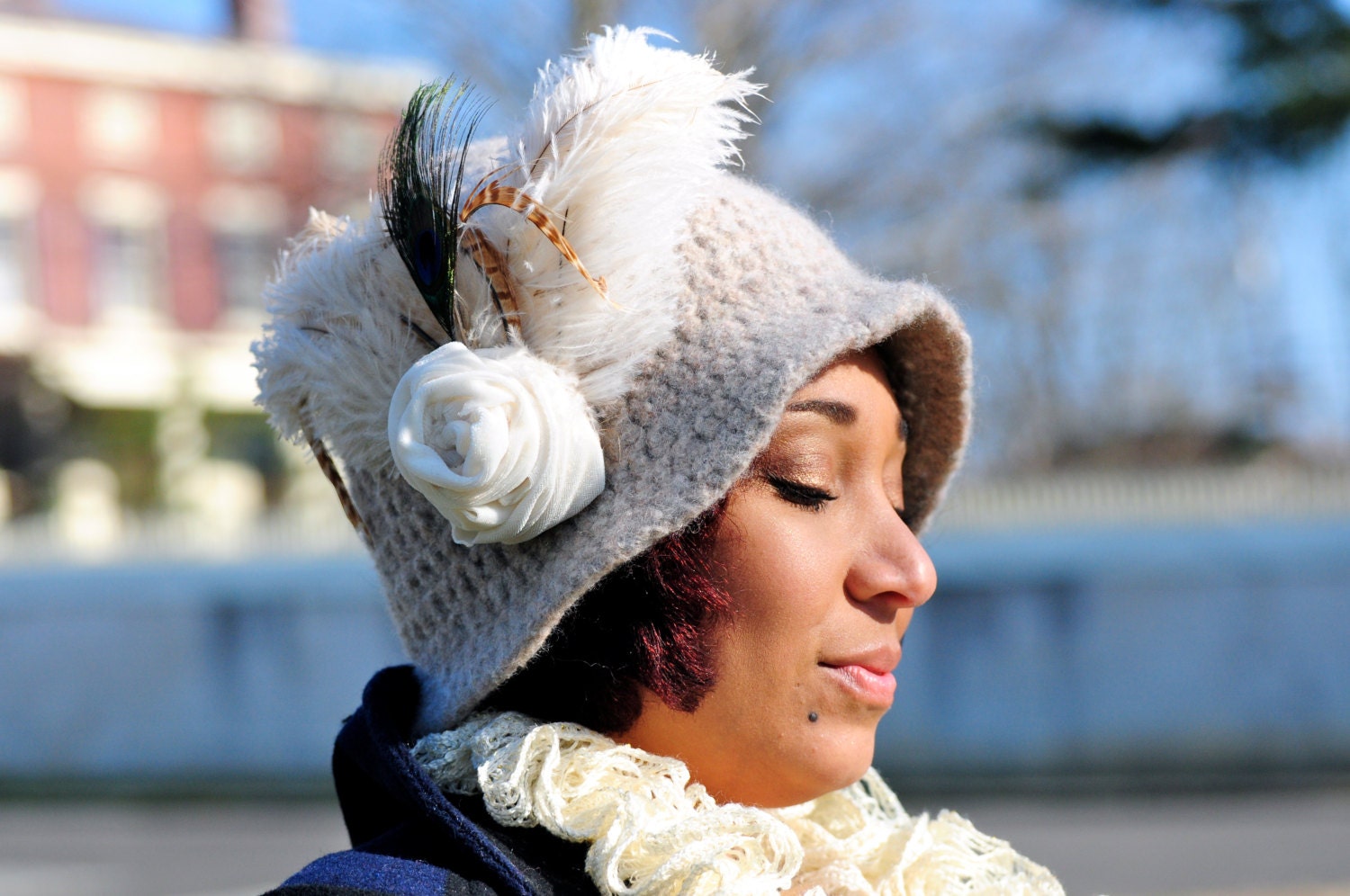 Cream Felt Cloche with Large Flower and Feather Brooch Flapper Style