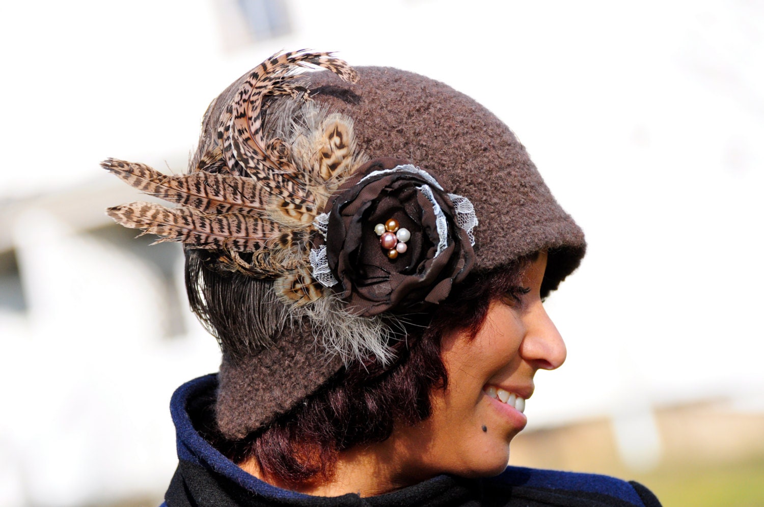 Flapper Hat, Brown Felt Cloche with Large Flower and Feather Brooch