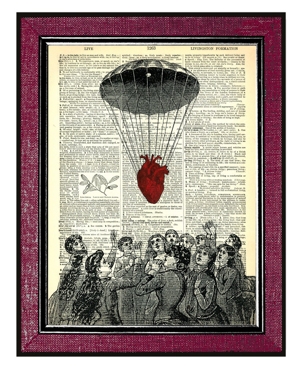 HEART DESCENDING Dictionary Art Print Book Art Print Original Collage Mixed Media Steampunk Print Heart Art Hand Painted