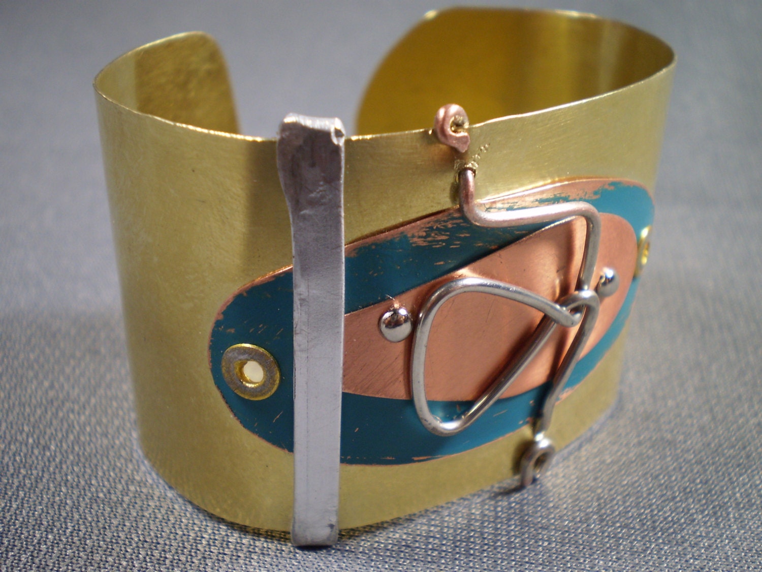 Steam Deco Metal Cuff: Brass, Copper and Aluminum Wrist Cuff Bracelet with Teal
