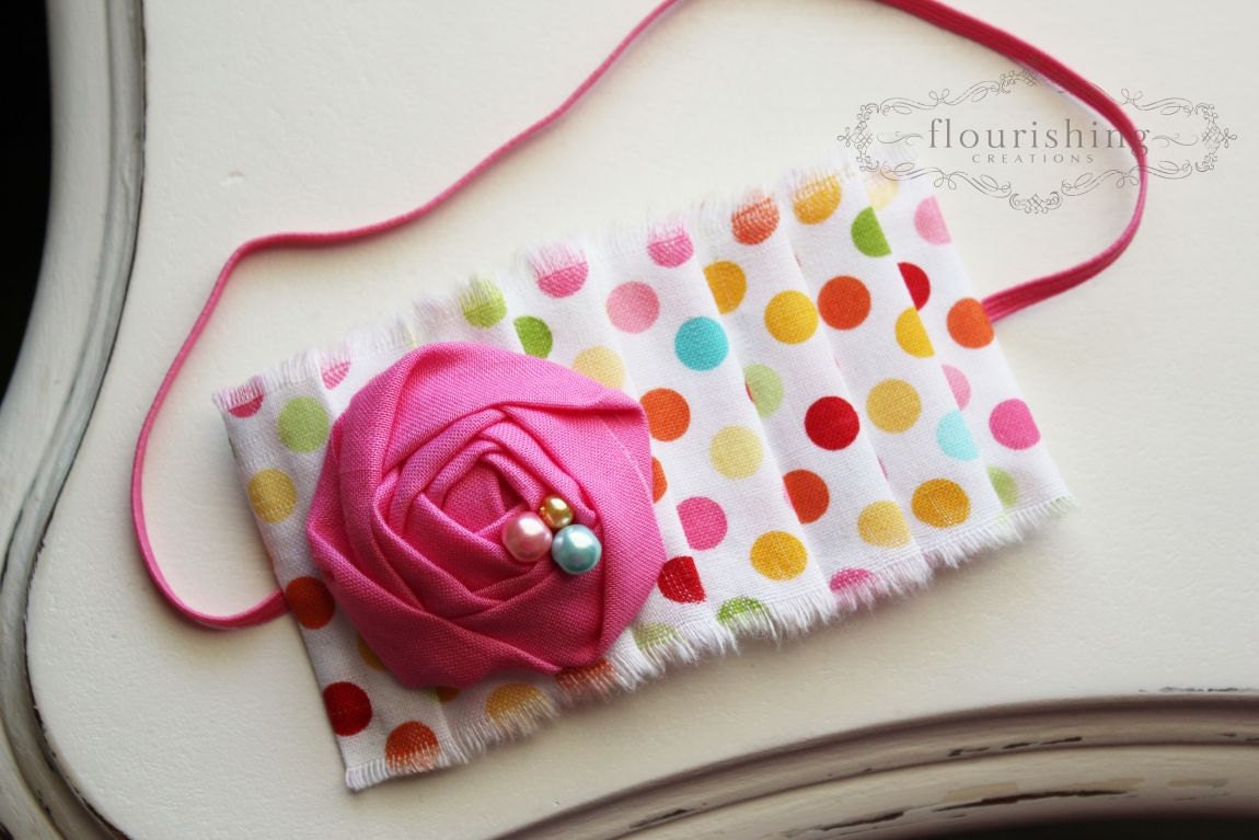 Summertime Polka Dot Pleated headband, baby headbands, newborn headbands, pink headbands, photography prop, summer headbands