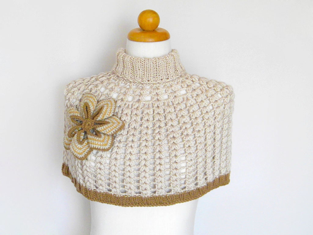 Crochet Poncho - Ecru Wool Capelet With Big Flower - Handmade Wrap - Women's Crochet Clothing - 20% Off Sale