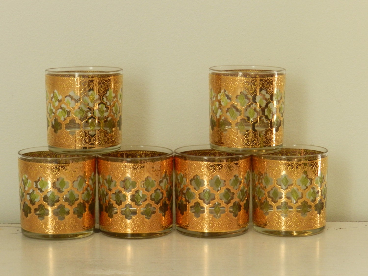 Vintage Culver Valencia Cocktail Glasses Barware Double Old Fashioned Gold