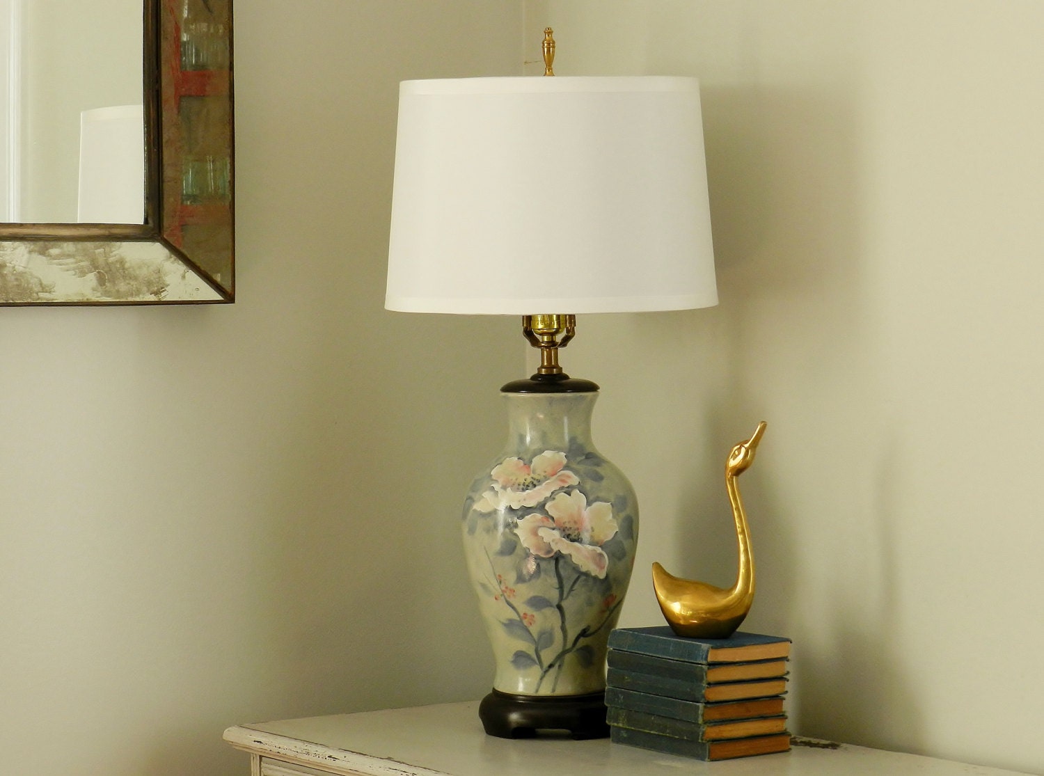Vintage Lamp Ginger Jar Chinoiserie Asian Decor Hand Painted Floral Lotus Flower Blue Table Lamp
