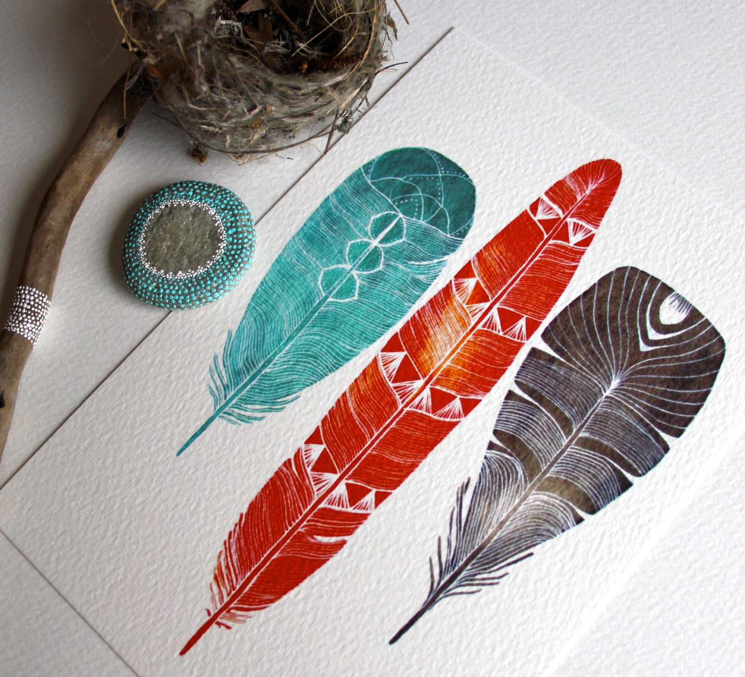 Feather Art Watercolor Painting - Large Archival Print - 11x14 Lhasa Feathers