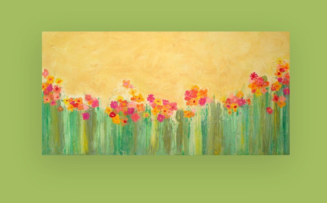 Large Acrylic Abstract Flower Painting Titled: Garden of Joy 24x48x1.5" by Ora Birenbaum