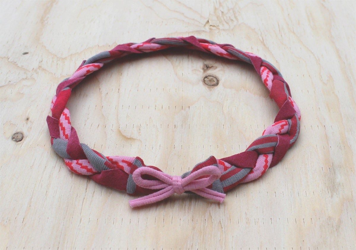 Hand Printed Braided Headband in Grey and Pink