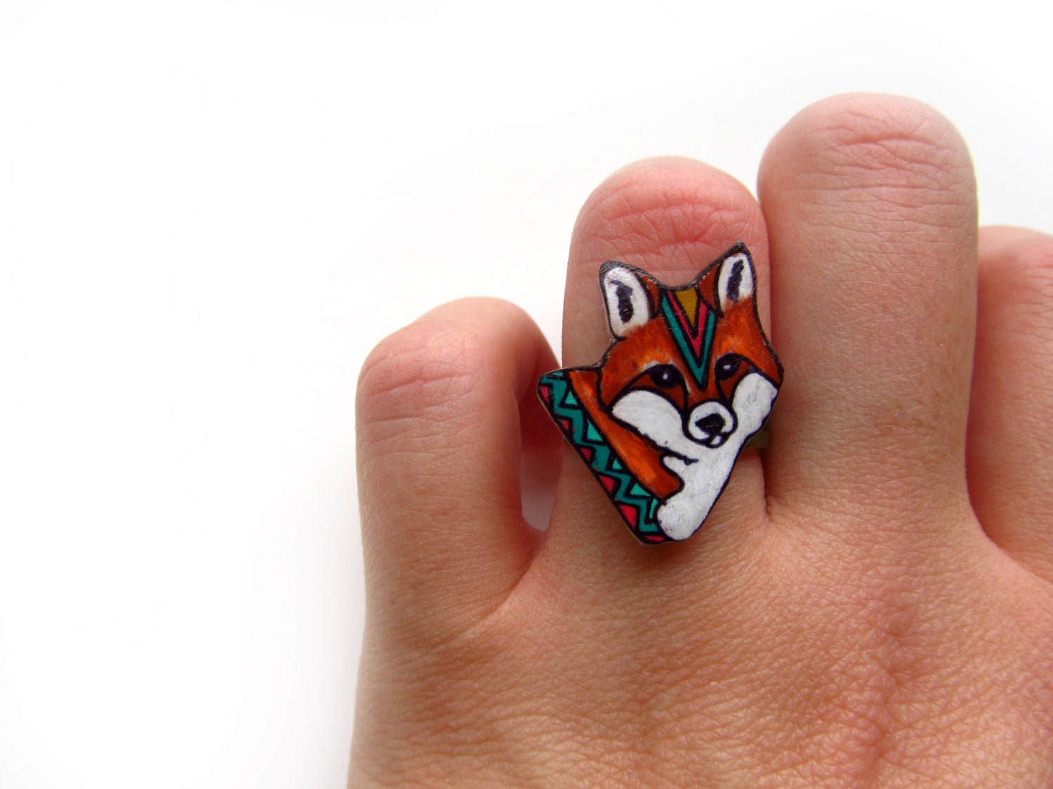 Fox Ring / Chevron Ring / Red Fox  / Orange / Rainbow Striped / Woodland Animal / Shrink Plastic / Wearable Art