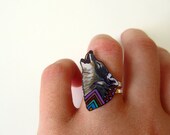 Wolf Ring / Chevron Ring / Woodland Animal / Purple, Gray / Zig Zag / Howling Wolf / Shrink Plastic / Wearable Art