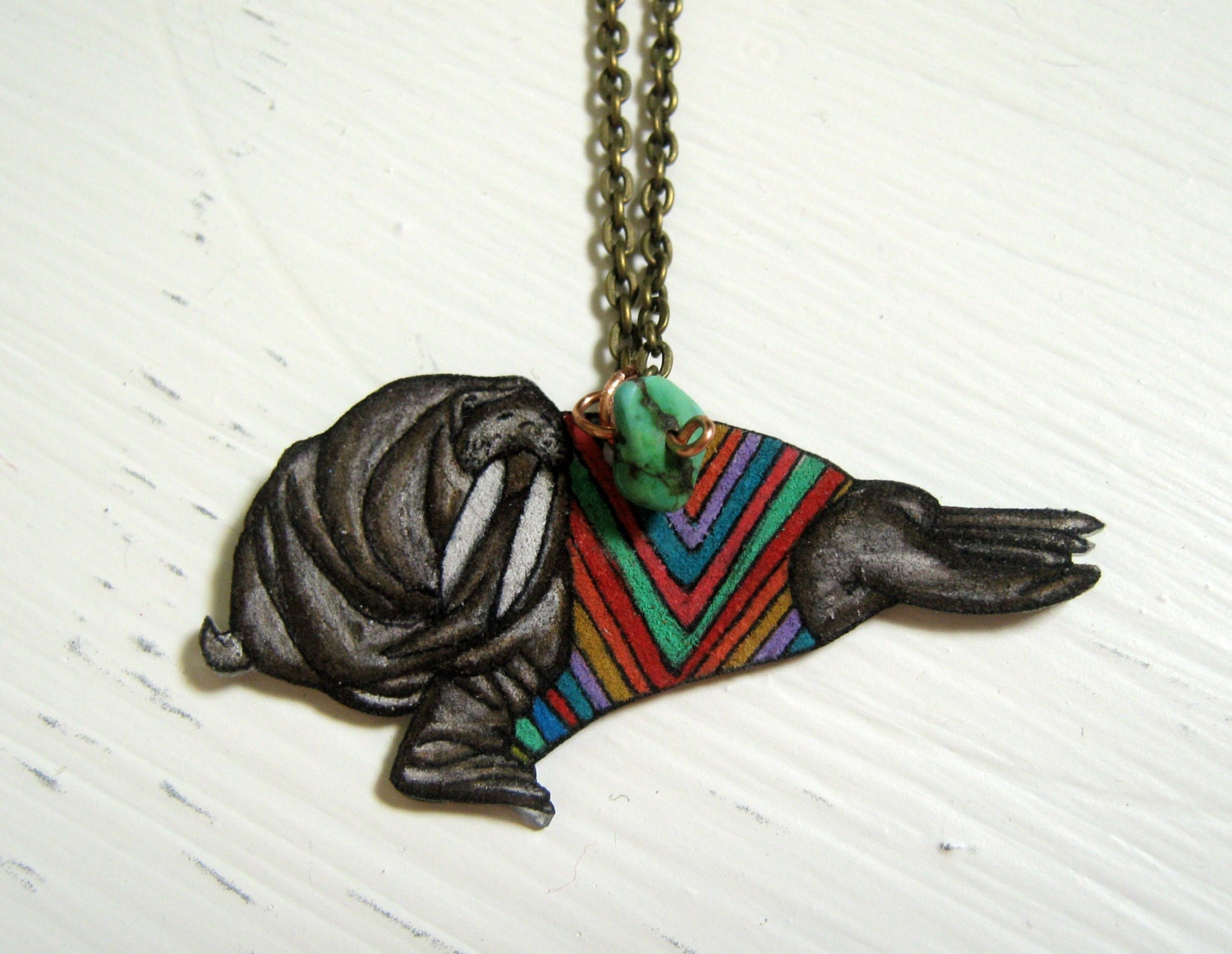 Walrus Necklace / Chevron Animal / Chevron Necklace / Striped  / Marine Mammal /  Shrink Plastic Jewelry