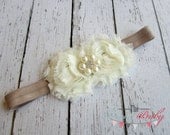 Ivory & Champagne Headband with Pearl Rhinestone -  Vintage Shabby Chic Style - Newborn Infant Baby Toddler Girls Adult Wedding