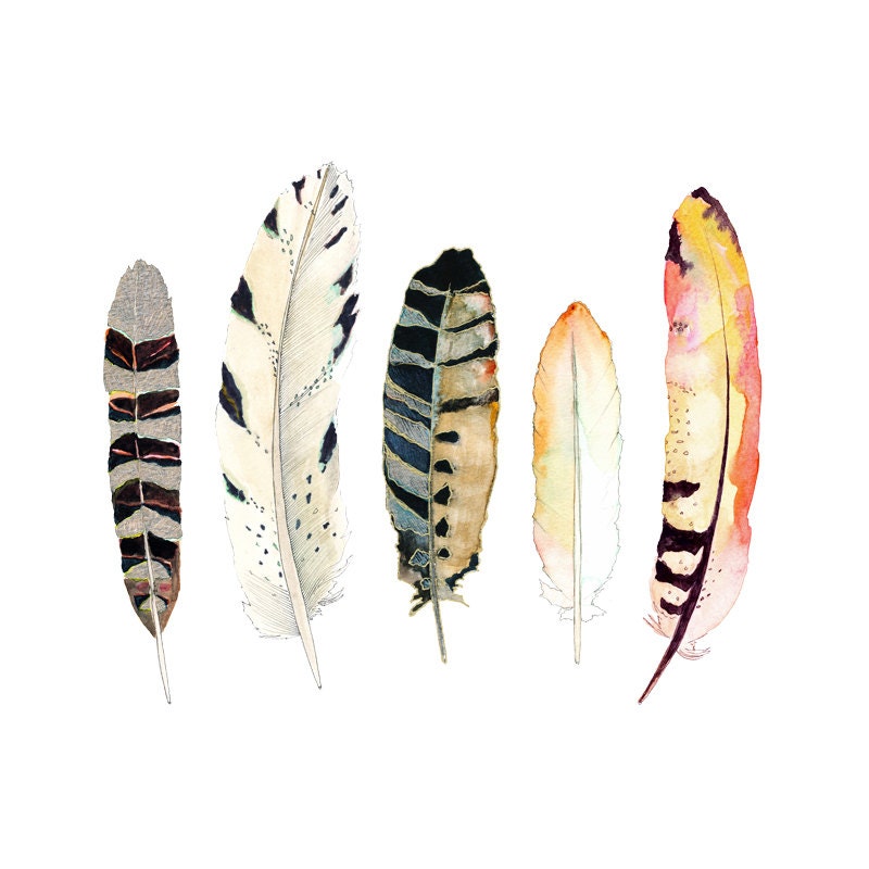 Watercolor and Ink Feather Print.  Tribal Art.  Nature Decor.