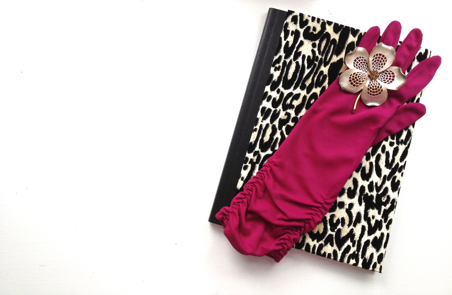 Vintage Glove Flower Brooch Notebook with Leopard, Black, Cream, Chartreuse & Magenta featuring Journal by ZILLAS QUEEN