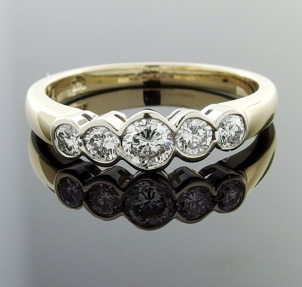 Diamond 5 Stone Anniversary Engagement Estate Ring 14kt Two Tone Yellow Gold Bezel Set Quality Diamonds