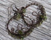 Wire Wrapped Filigree Copper Hoops with CZ and Czech Glass (nature inspired, green, eastern, swirls, whimsical, dangle, chandelier)