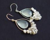 Peacock Earrings with Aqua chalcedony and Keshi pearls, Sterling Silver Wire wrapped. E031.