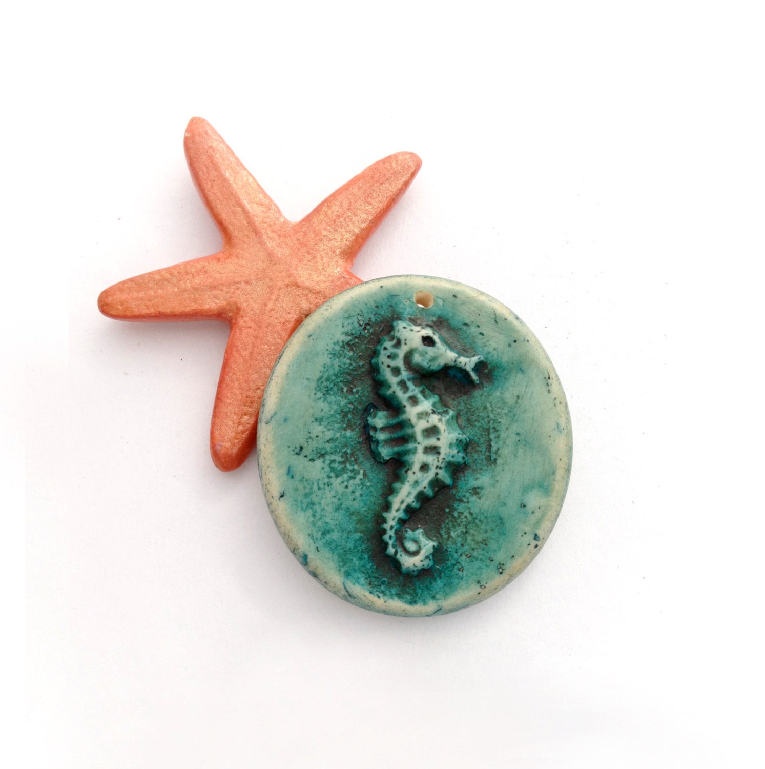 Rustic Aqua Seahorse Polymer Clay Pendant