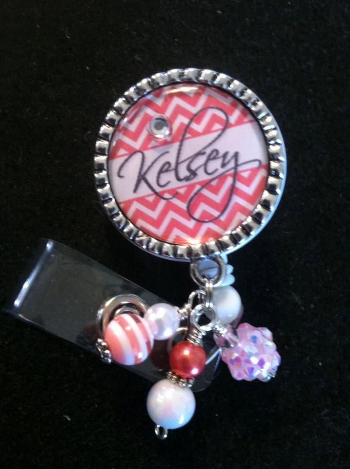 Personalized Coral Chevron Beaded ID Badge, Nurse, RN, LVN, Teacher, Badge Reel