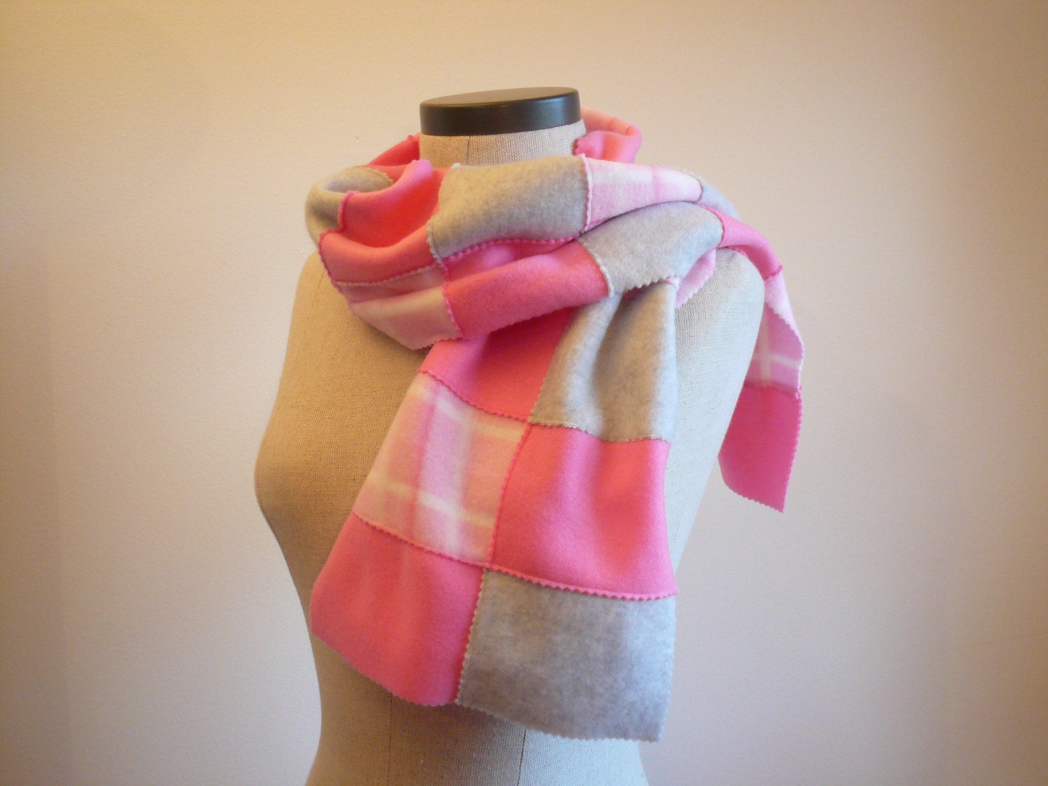 Ladies Fleece Scarf - Pink Plaid with Pink and Heather Gray, Warm, Soft
