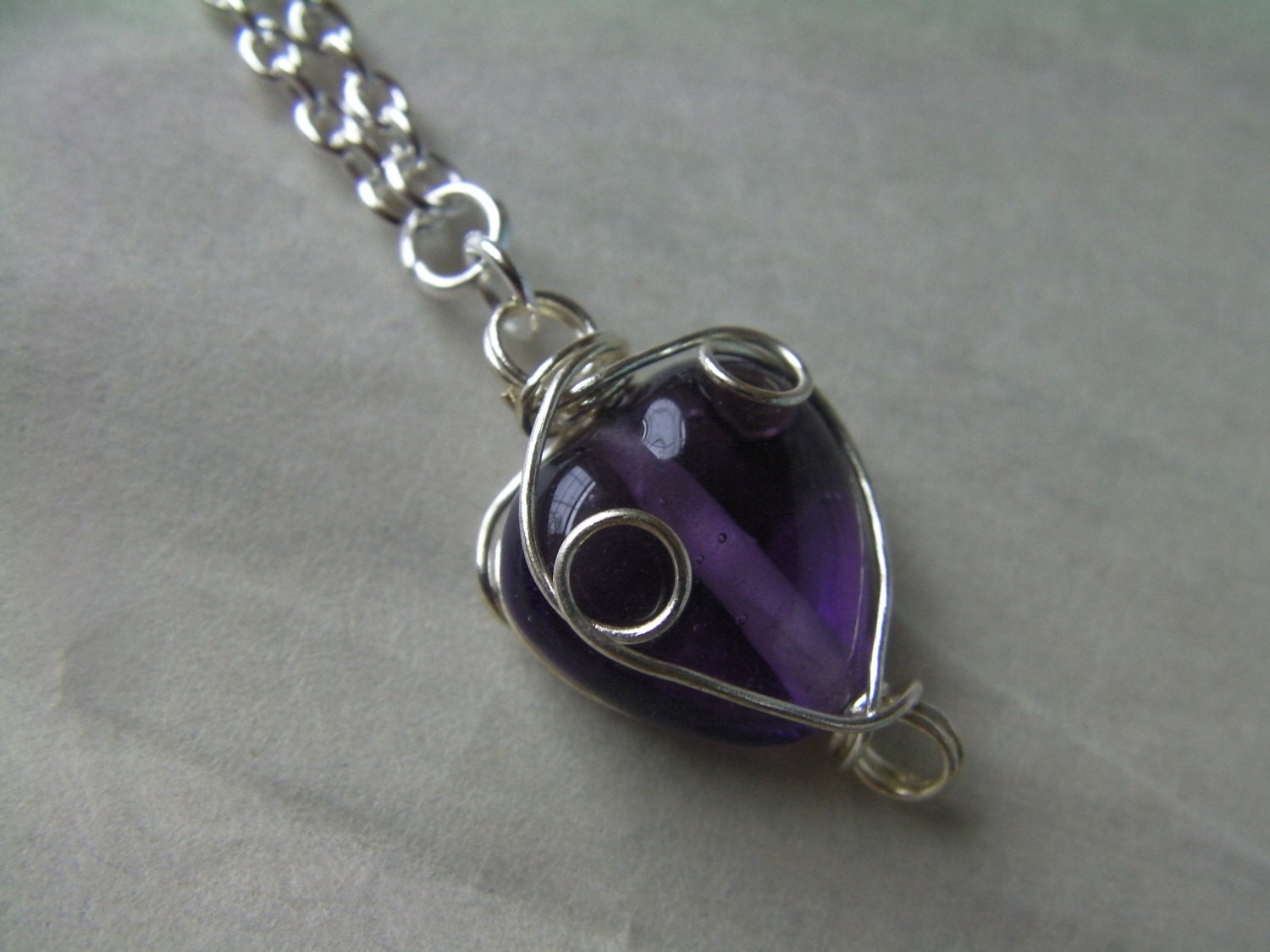 Purple Heart Pendant Necklace, Silver Chain, Barrel Clasp, Wire Wrapped, Valentine, Love, Spring, Gift for Her, Handcrafted Jewelry, OOAK