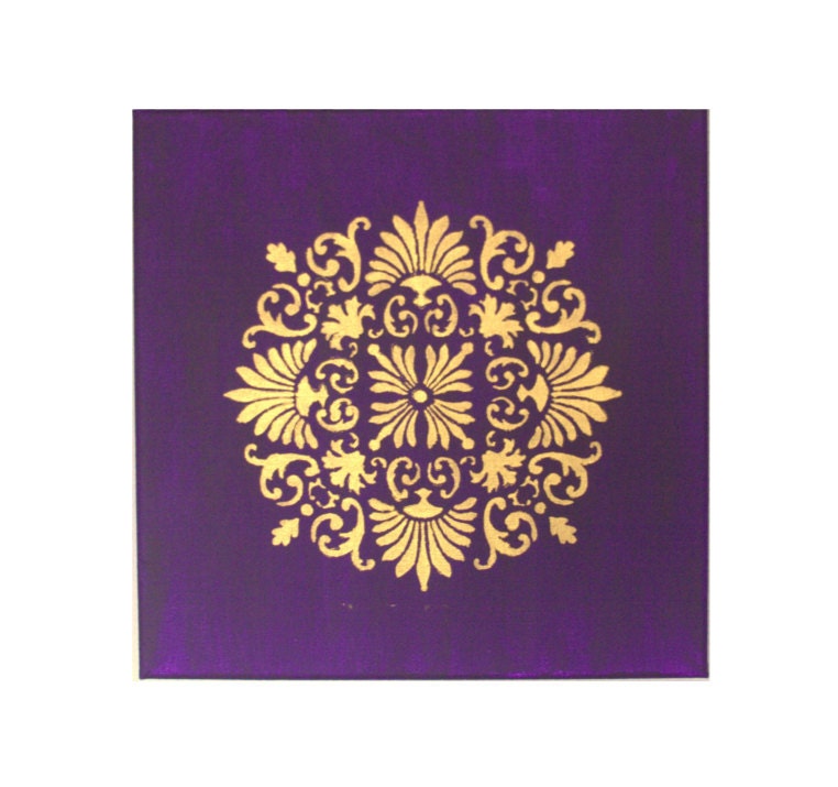 India inspired Painting with Deep Purple and Intricate Gold design - 12 inch by 12 inch canvas Acrylic painting.