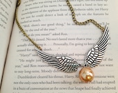 Harry Potter Inspired Golden Snitch Necklace. Silver Wings. Antique Gold Chain. Champagne Gold Pearl. Magic. Witch. Wizard. Brass.