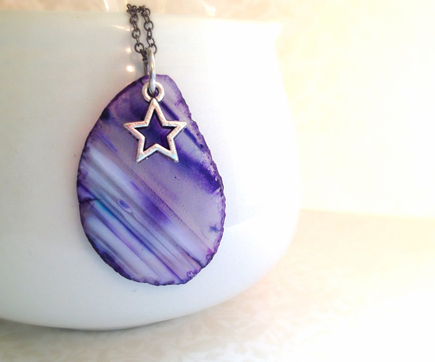 Purple Agate Slice Necklace. Minimalist. Natural Glass. Stone Jewelry. Silver Chain. Rustic. Star Charm. Wishing Star. Boho. Summer.