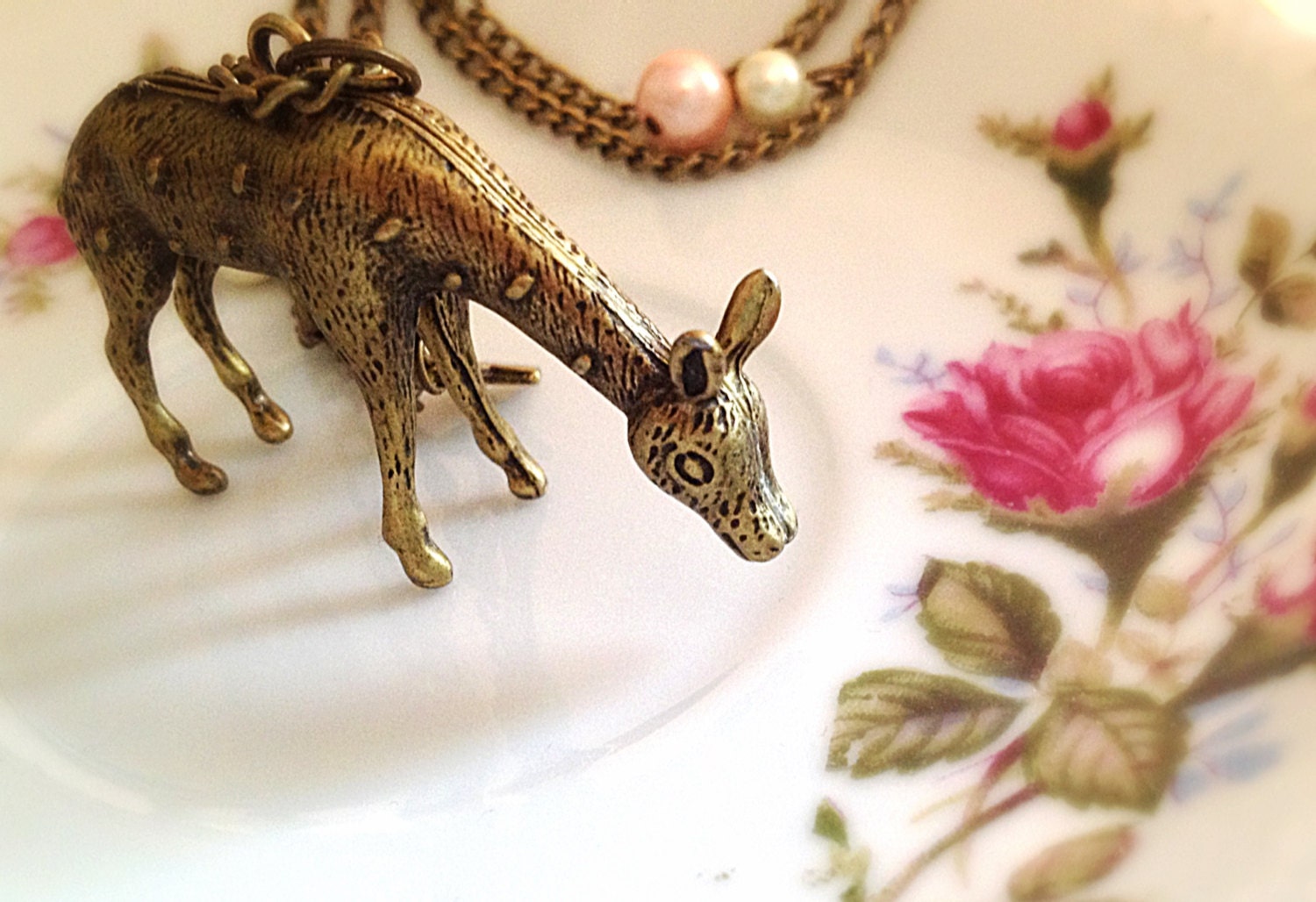 Deer Necklace. Vintage Style. Miniature Woodland Animal. Long Necklace. Brass Chain. Star. Pearls. Light Pink. Romantic. Cute. Under 40.