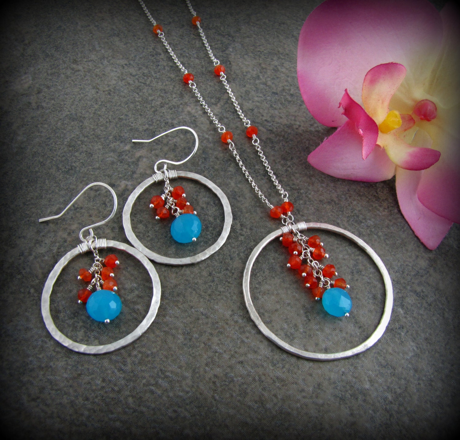 Carnelian and Chalcedony Earring and Necklace Set - Orange and blue stone necklace