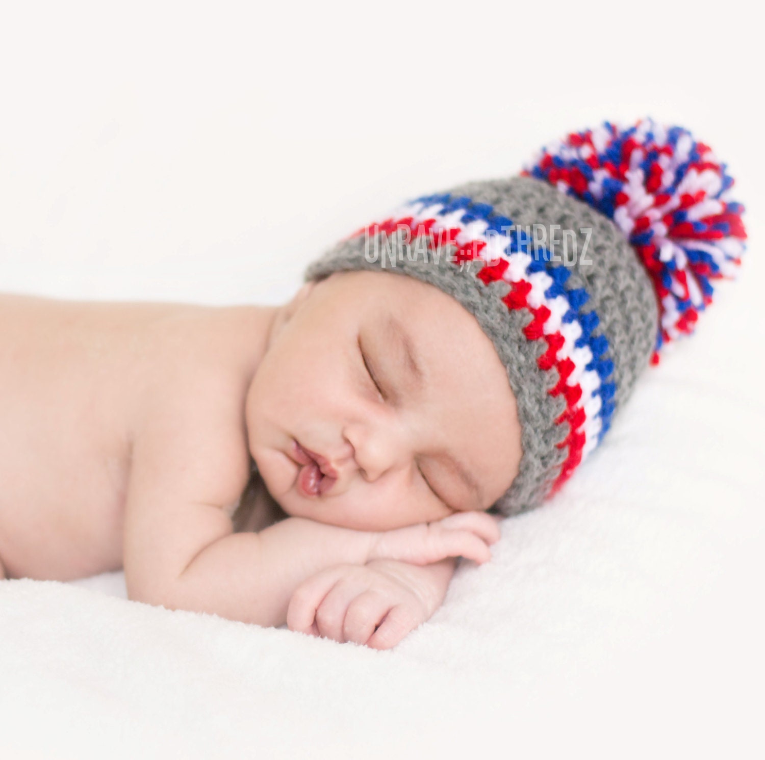 Baby Pom Pom Hat, Crochet Baby Hat, Red White and Blue