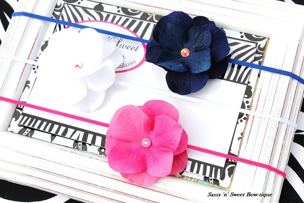 Dainty Delicate Hydrangea Blossom Swarovski Flower Stretch Skinny Headband You choose color Photo prop baby newborn toddler Spring Summer