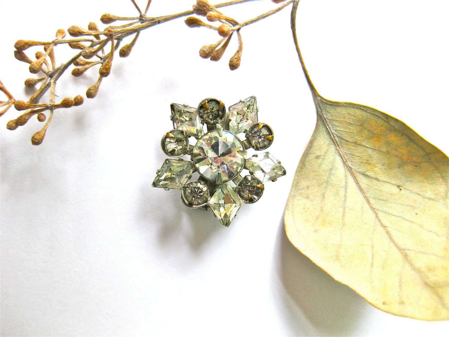 Vintage Rhinestone Pin Brooch Clear Star Flower Petite