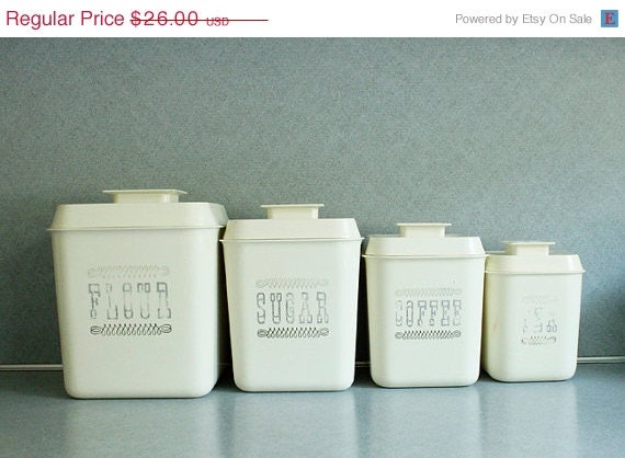 50% OFF // 1950s Cream White Plastic Canister Set Nesting Flour Sugar Coffee Tea Storage