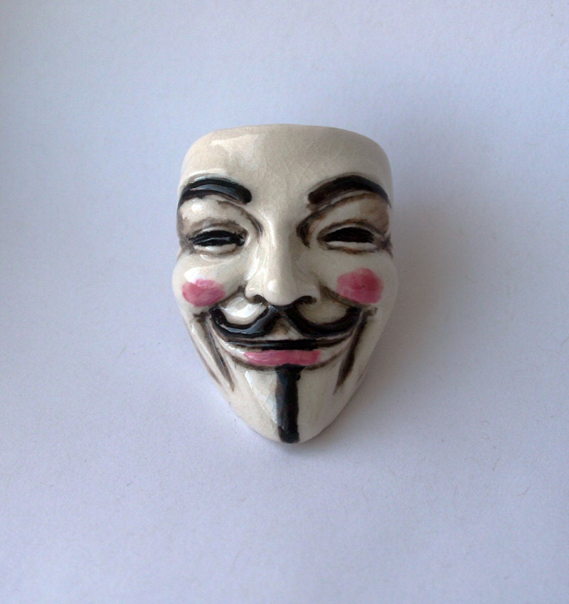 Guy Fawkes "V" Brooch, Painterly White Gloss Porcelain Pin, Occupy Your Lapel