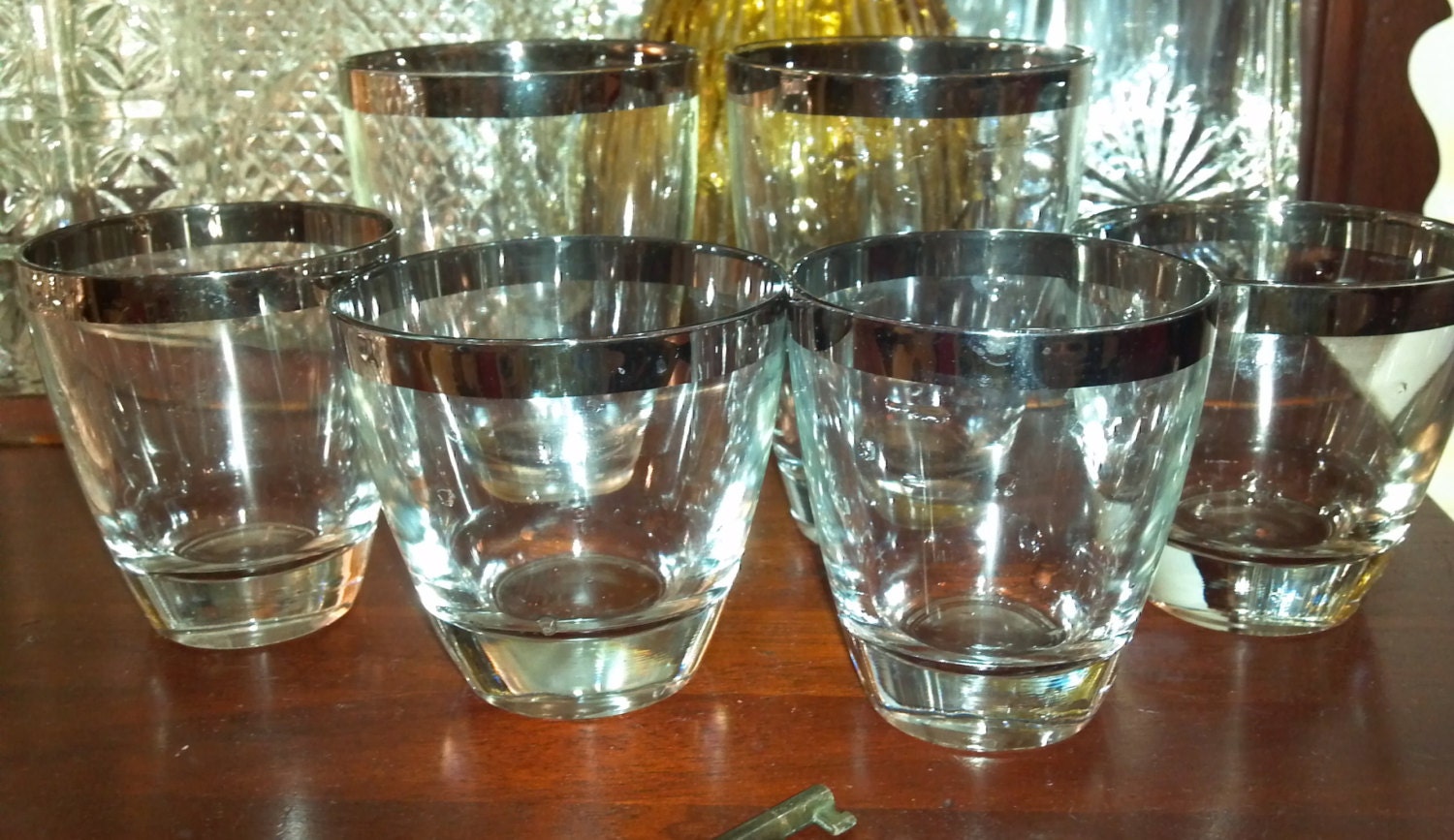 Set of Six Clear with Silver Trim Drinking Glasses as seen on MAD MEN
