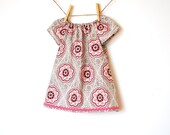 Girls Peasant Dress /  Cotton /  Gray with pink geometric design / Made to Order