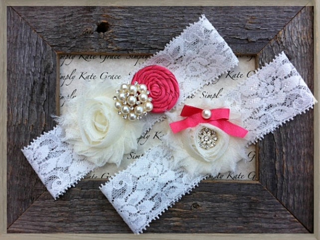 Wedding Garter- Coral Vintage Wedding Bridal Garter and Toss Garter- Ivory and Coral Wedding Garter-Toss Garter