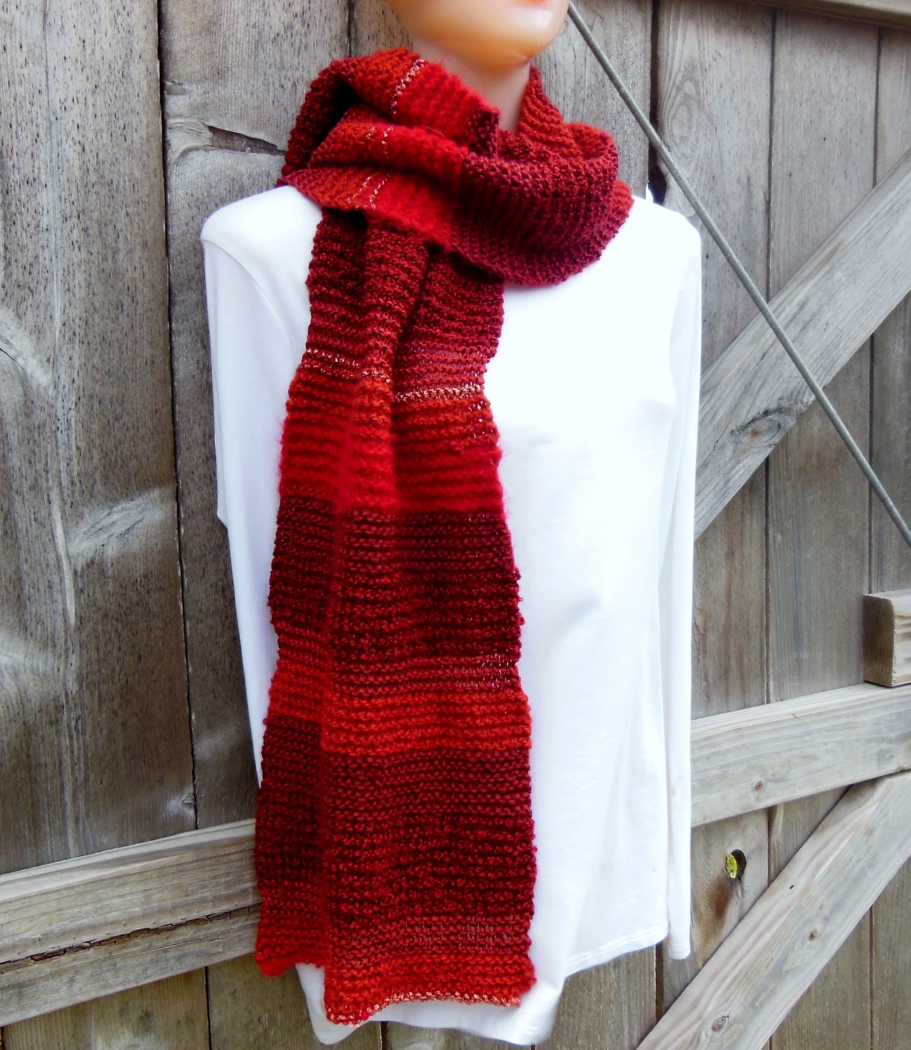 Red Scarf. Long Knit Scarf. Specialty Decorative Yarn in Ruby Red.