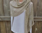 Knit Scarf. Extra Long Lace Stitch Shawl. Hand knit Scarves in "Silver Coin".