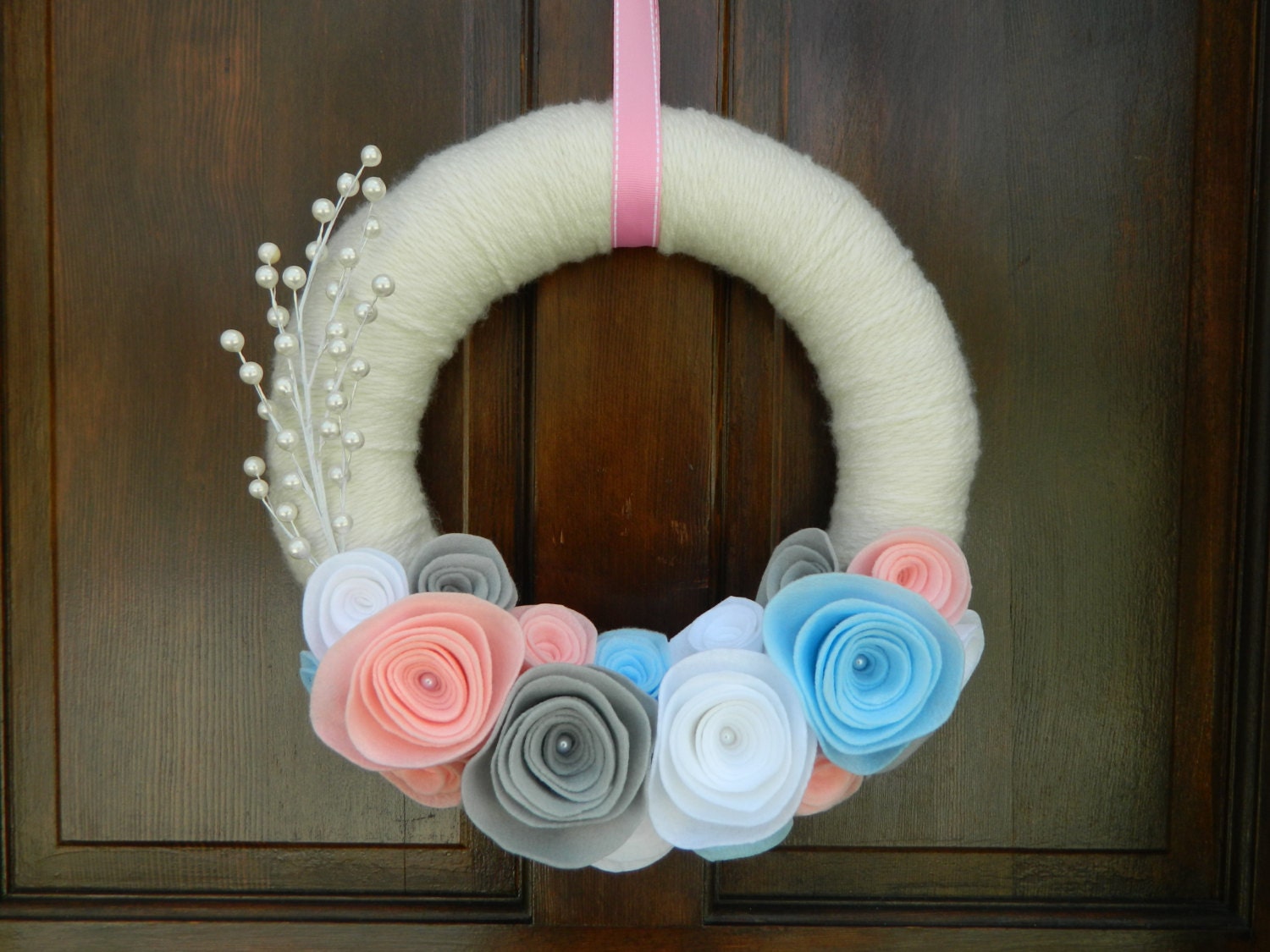 Easter Decor - Nursery Decor - Pastel Felt Flower Wreath with Berries and Pearls - Baby Pink, Baby Blue, Silvery Gray and White - 14 inch
