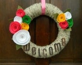 Summer Welcome Sign - Summer Wreath - 14 Inch Yarn Wrapped Wreath with Felt Flowers, Pearls and Leaves