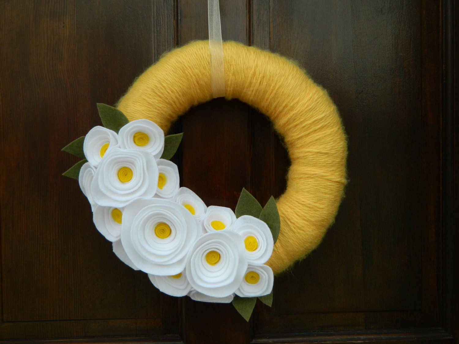 Summer Wreath - Spring Wreath -  Yellow Yarn Wrapped Wreath with Yellow and White Flowers and Olive Leaves - 12 inch