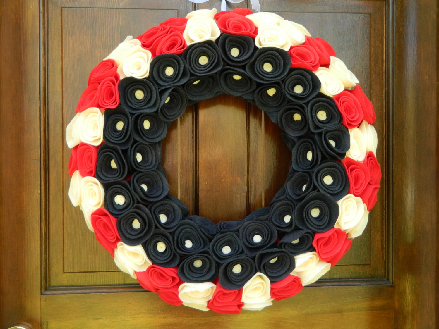 Patriotic Flag Wreath - Summer Patriotic Decoration - Red White and Blue Felt Flower Wreath - 18 inch