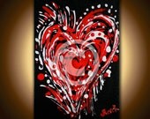 CANVAS WALL ART Modern Art Original Heart Love Painting Abstract Steampunk Graffiti, Red Black White, Wedding Gift Engagement Present