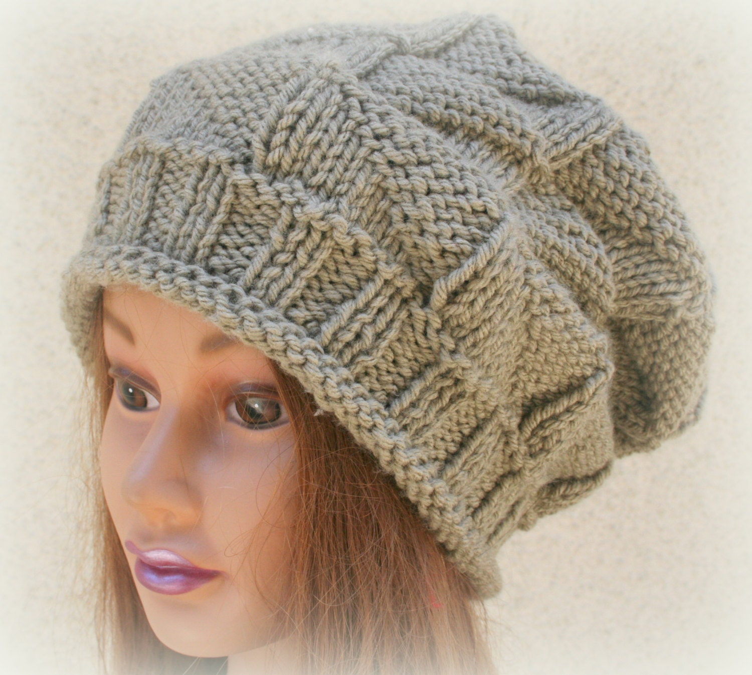 Brown Beret Slouchy Beanie hat Skull Cap Boho Chic Hand Knit Hat Womens Teens Hat: By PiYOYO