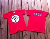 Dr.Seuss Thing 1, 2, 3 red romper with name. Black, white, turquoise applique. Custom boutique children's clothing.  By EverythingSorella