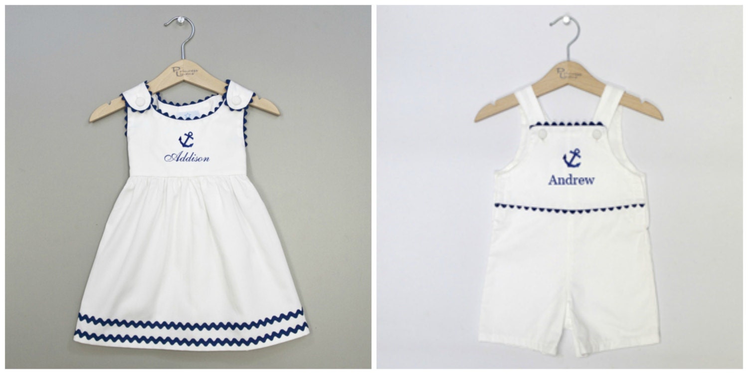 Matching sibling blue and white pique nautical shortall jon jon and dress set with monogram embroidery